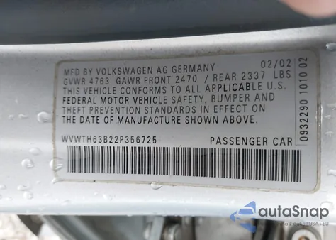 2002 Volkswagen Passat Glx from USA, damaged, VIN WVWTH63B22P356725